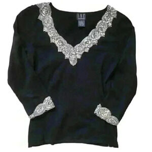 Vintage INC petite appliqué embellished Black Pullover V-neck sweater
